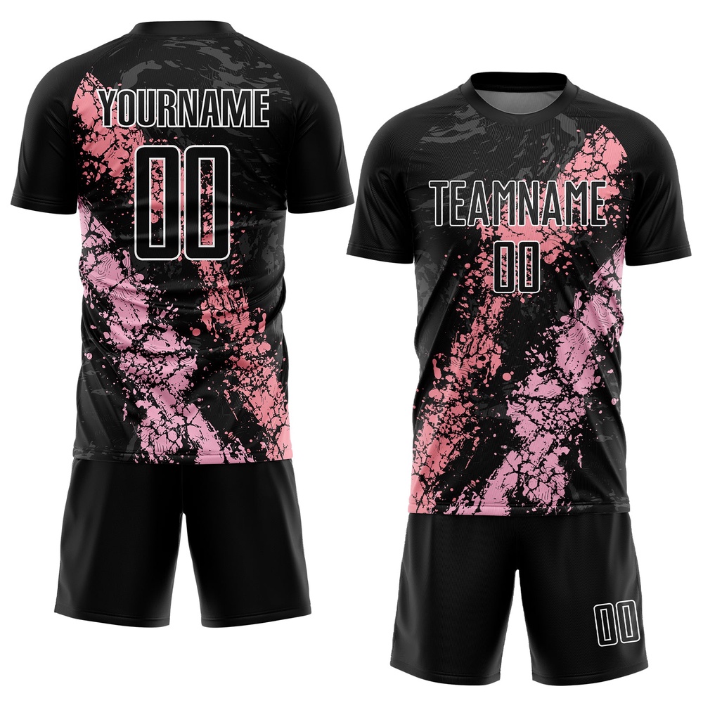 Black Light Pink Medium Pink Dripping Splatter Art Sublimation Soccer Uniform Jersey, Custom Team Soccer Jersey Shirt