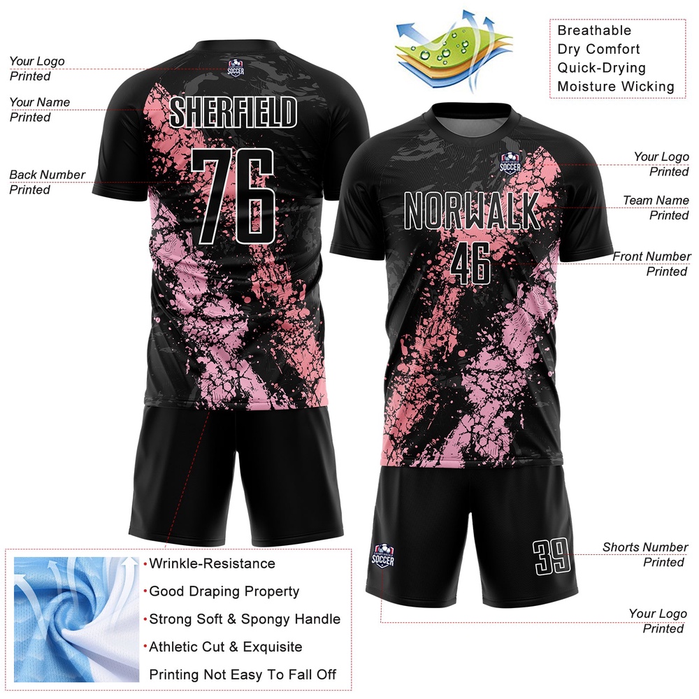 Black Light Pink Medium Pink Dripping Splatter Art Sublimation Soccer Uniform Jersey, Custom Team Soccer Jersey Shirt