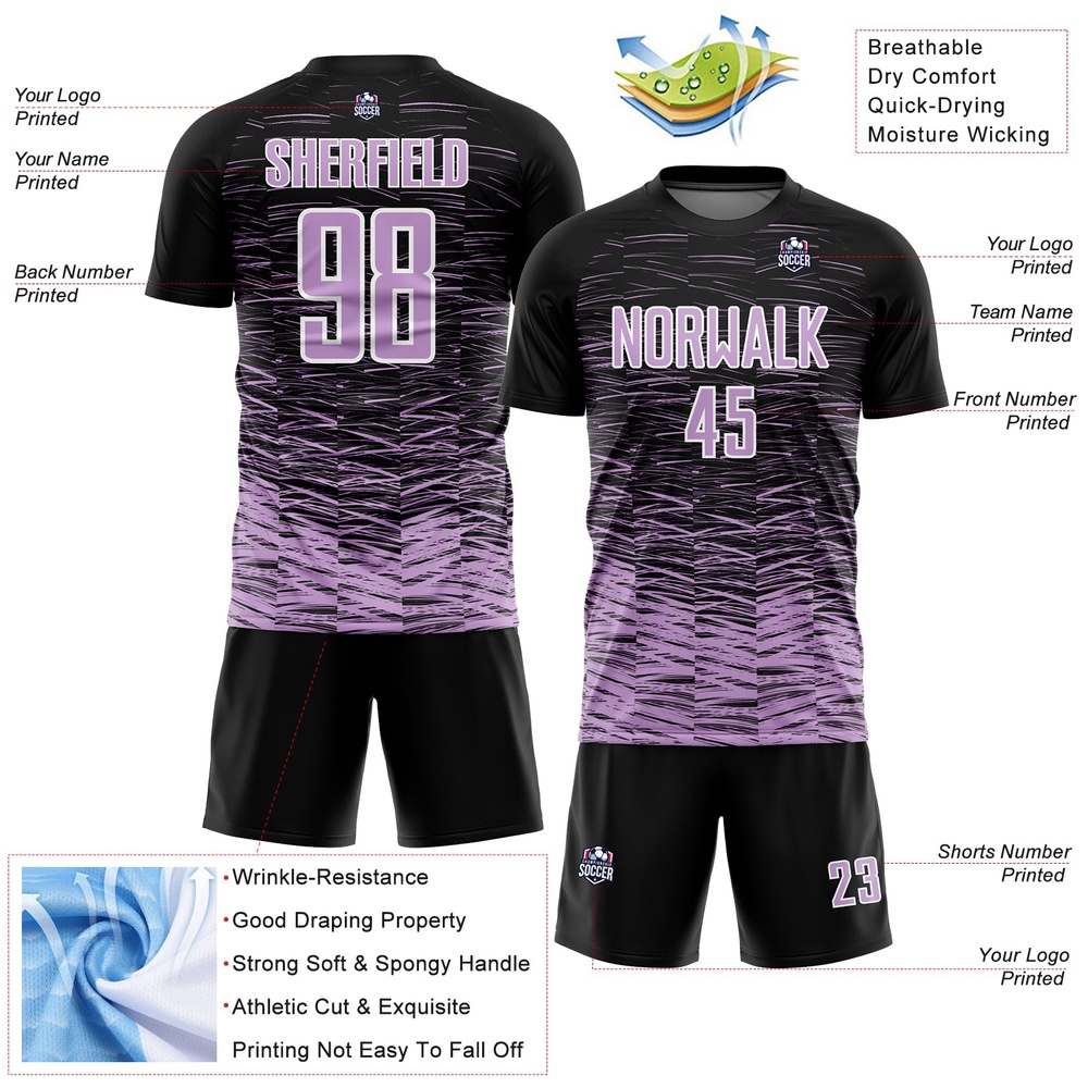 Black Light Purple White Line Sublimation Soccer Uniform Jersey, Custom Team Soccer Jersey Shirt