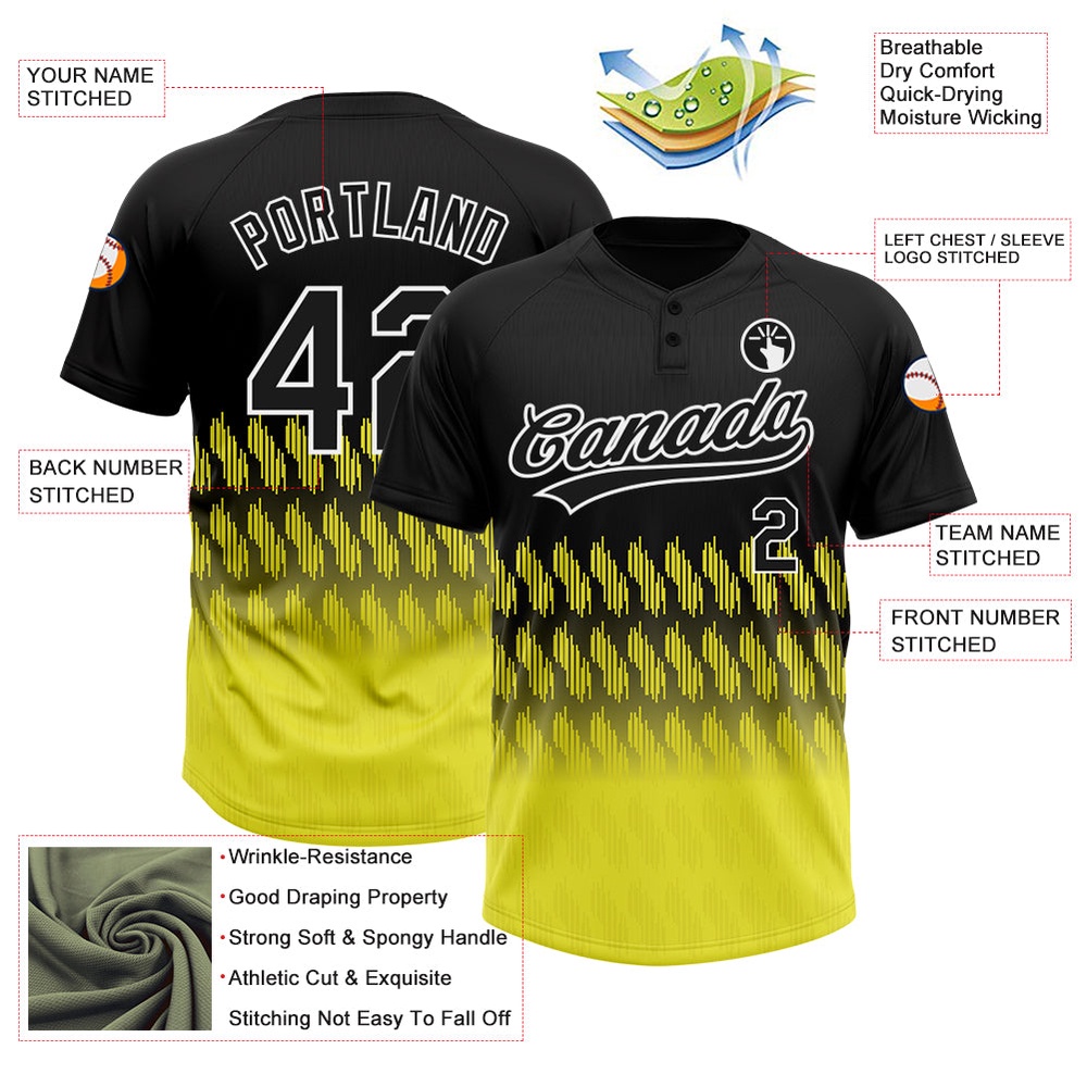 Black Light Yellow White 3D Pattern Lines Two Button Unisex Softball Jersey, Custom Team Softball Jersey