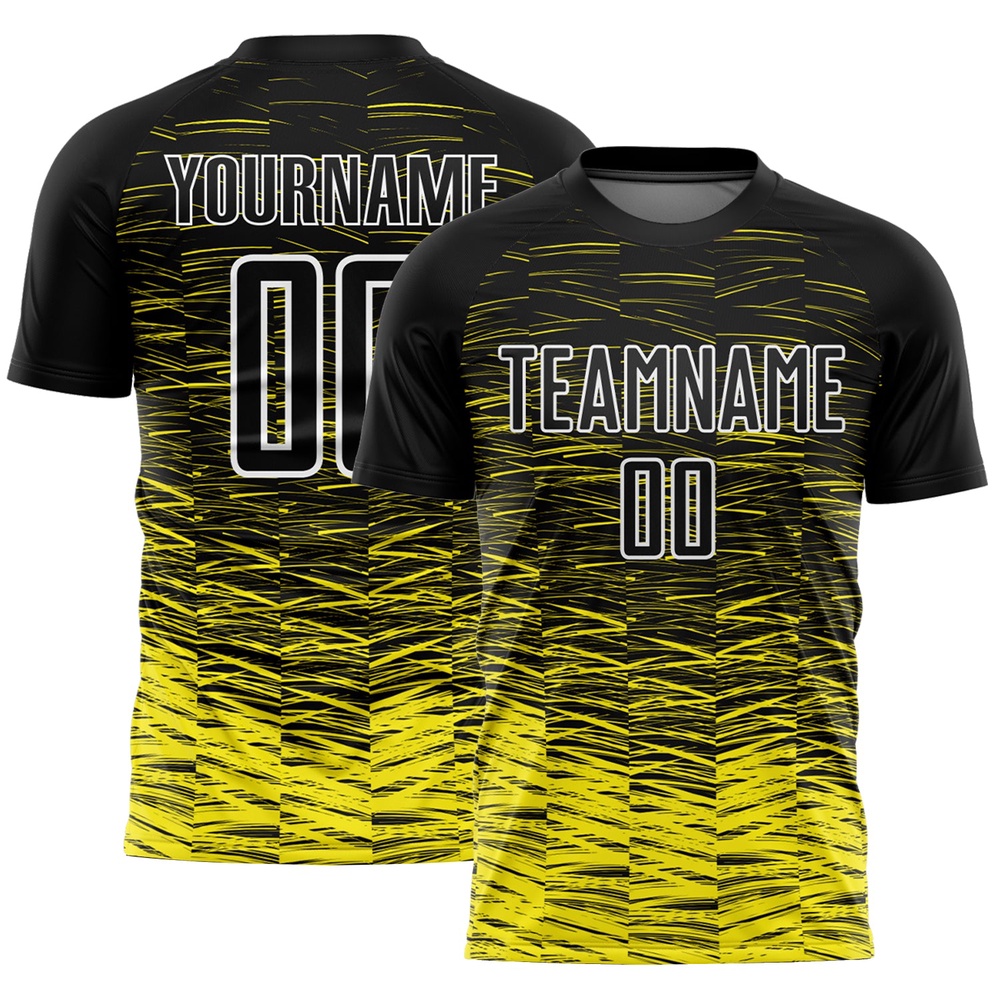 Black Light Yellow White Line Sublimation Soccer Uniform Jersey, Custom Team Soccer Jersey Shirt