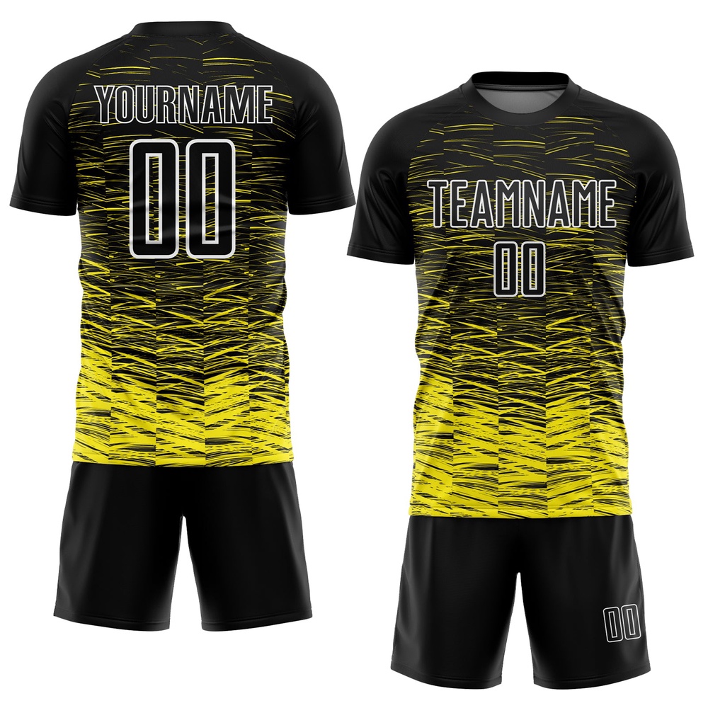 Black Light Yellow White Line Sublimation Soccer Uniform Jersey, Custom Team Soccer Jersey Shirt