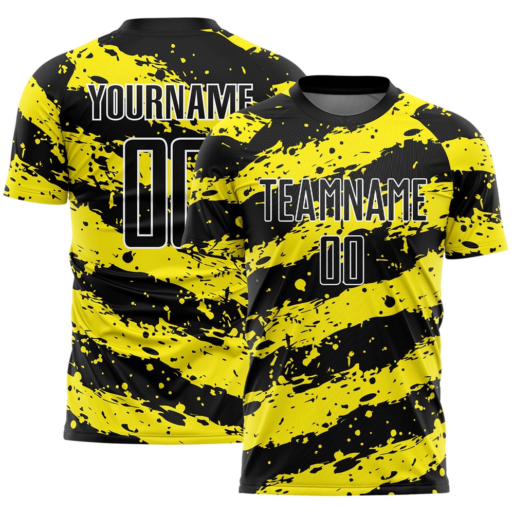 Black Light Yellow White Splash Sublimation Soccer Uniform Jersey, Custom Team Soccer Jersey Shirt