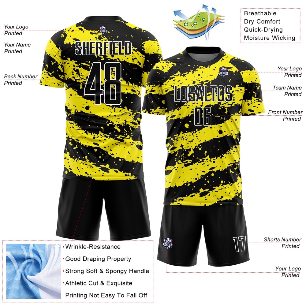 Black Light Yellow White Splash Sublimation Soccer Uniform Jersey, Custom Team Soccer Jersey Shirt
