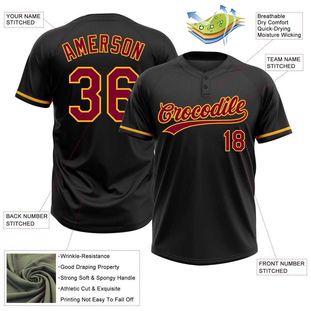 Black Maroon Gold Two Button Unisex Softball Jersey, Custom Team Softball Jersey