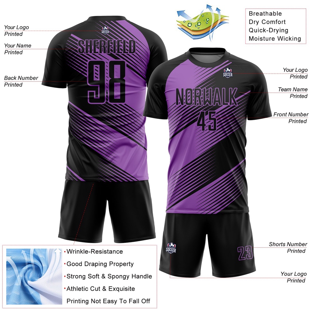 Black Medium Purple Line Sublimation Soccer Uniform Jersey, Custom Team Soccer Jersey Shirt
