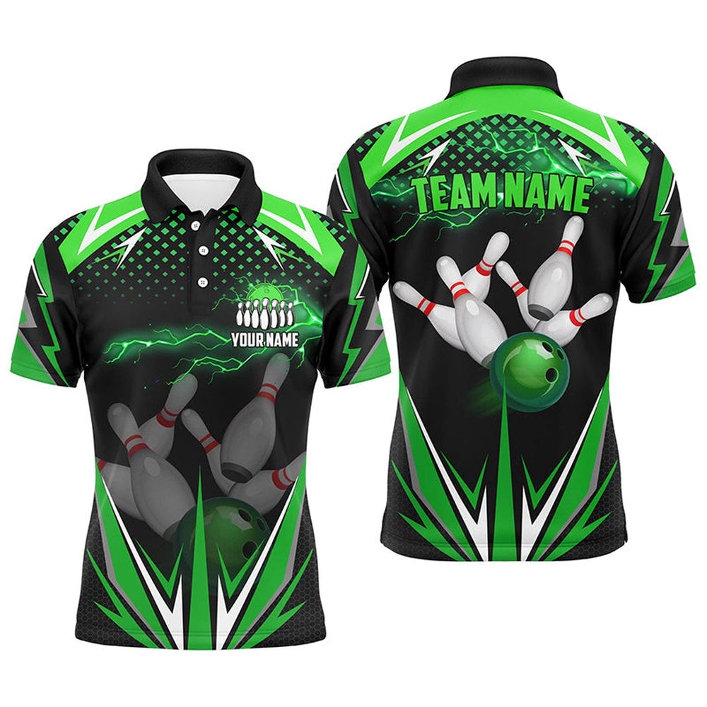 Black Men Bowling Polo Shirt Custom Green Lightning Team Mens Bowlers Polo Shirt Bowling Outfits, Personalized Bowling Team Shirt Black Men Bowling Polo Shirt Custom Green Lightning Team Mens Bowlers Polo Shirt Bowling Outfits, Personalized Bowling Team Shirt