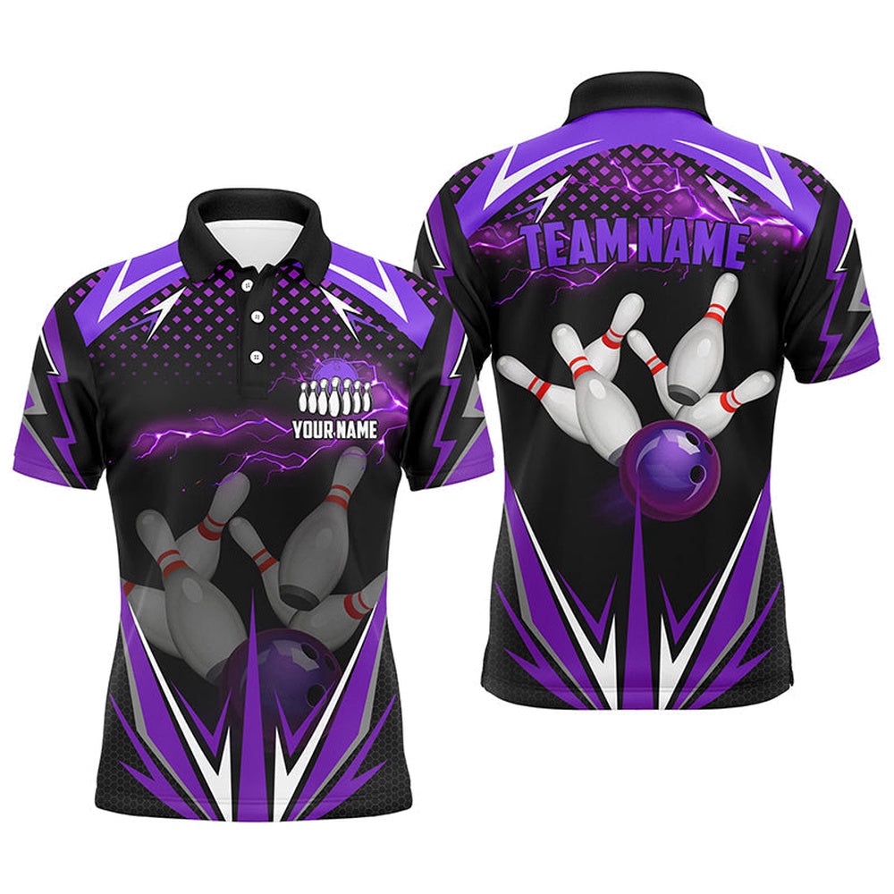 Black Men Bowling Polo Shirt Custom Purple Lightning Team Mens Bowlers Polo Shirt Bowling Outfits, Personalized Bowling Team Shirt