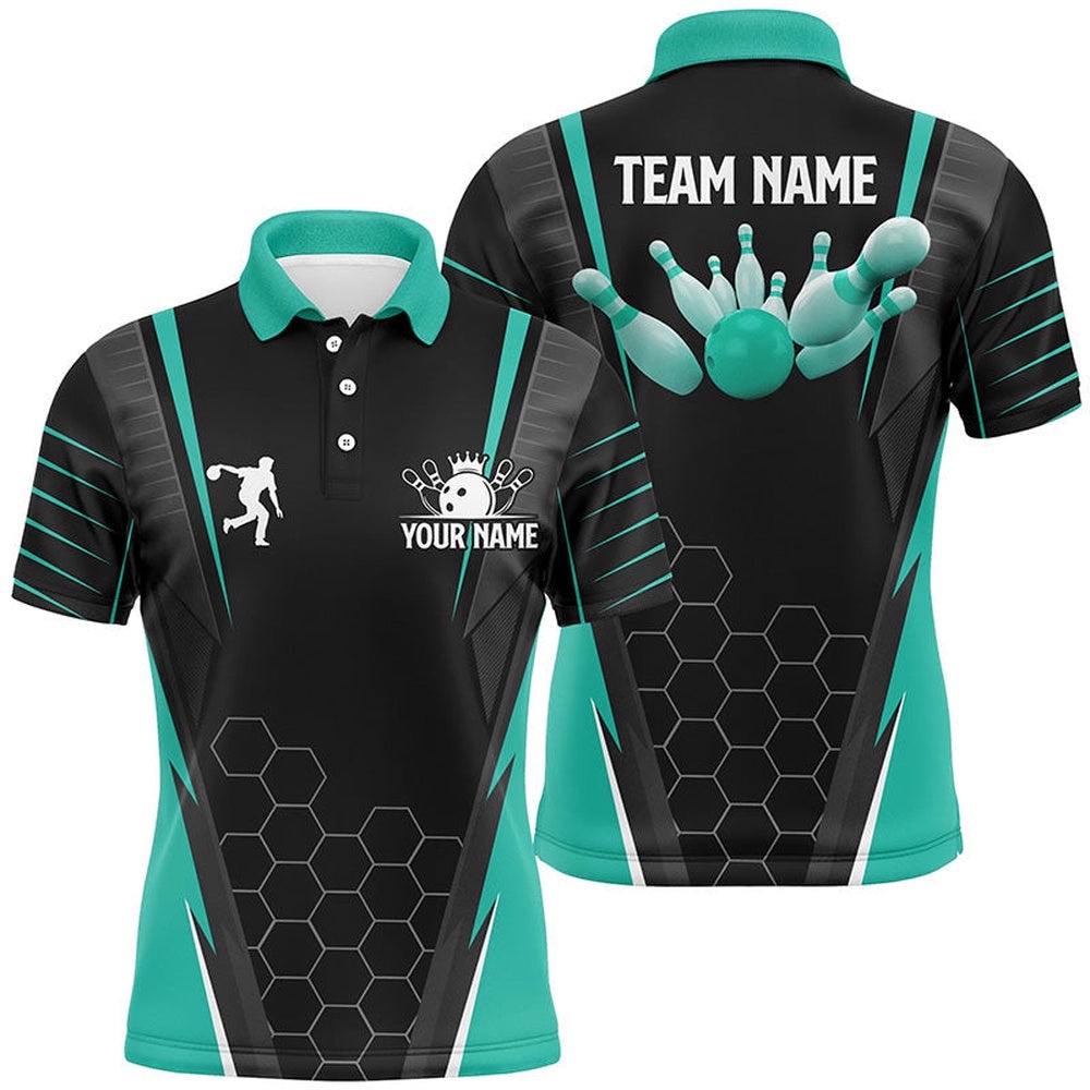Black Men’s Bowling Polo Shirt Custom Name Mens Bowlers Polo Shirt, Team Bowling Outfits Turquoise, Personalized Bowling Team Shirt