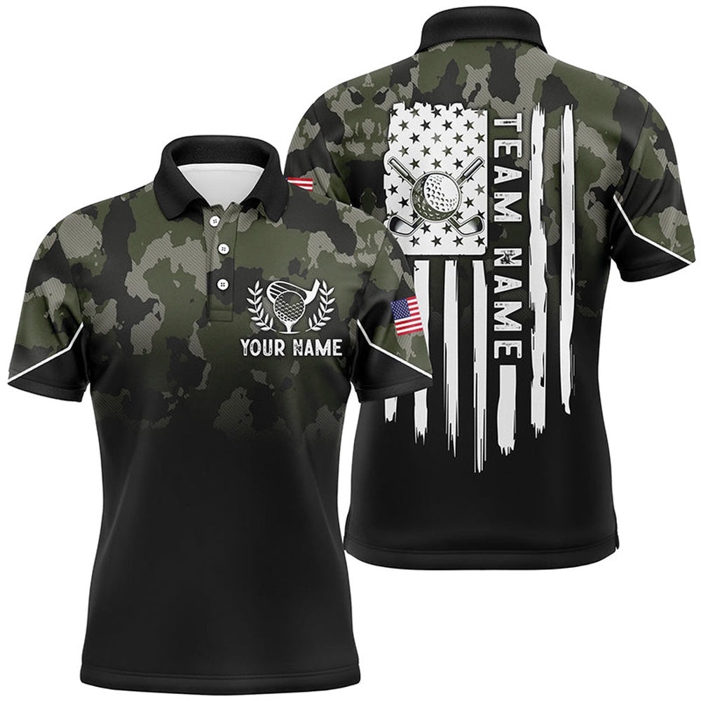 Black Men’s Golf Polo Shirt Custom Green Camouflage American Flag Golf Shirt For Men’s, Golf Polo Shirt, Golf Shirts