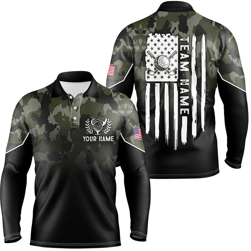 Black Men’s Golf Polo Shirt Custom Green Camouflage American Flag Golf Shirt For Men’s, Golf Polo Shirt, Golf Shirts