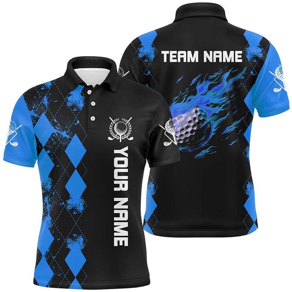 Black Men’s Golf Polo Shirts Custom Blue Argyle Pattern Flame Golf Ball Golf Tops For Men’s, Golf Polo Shirt, Golf Shirts