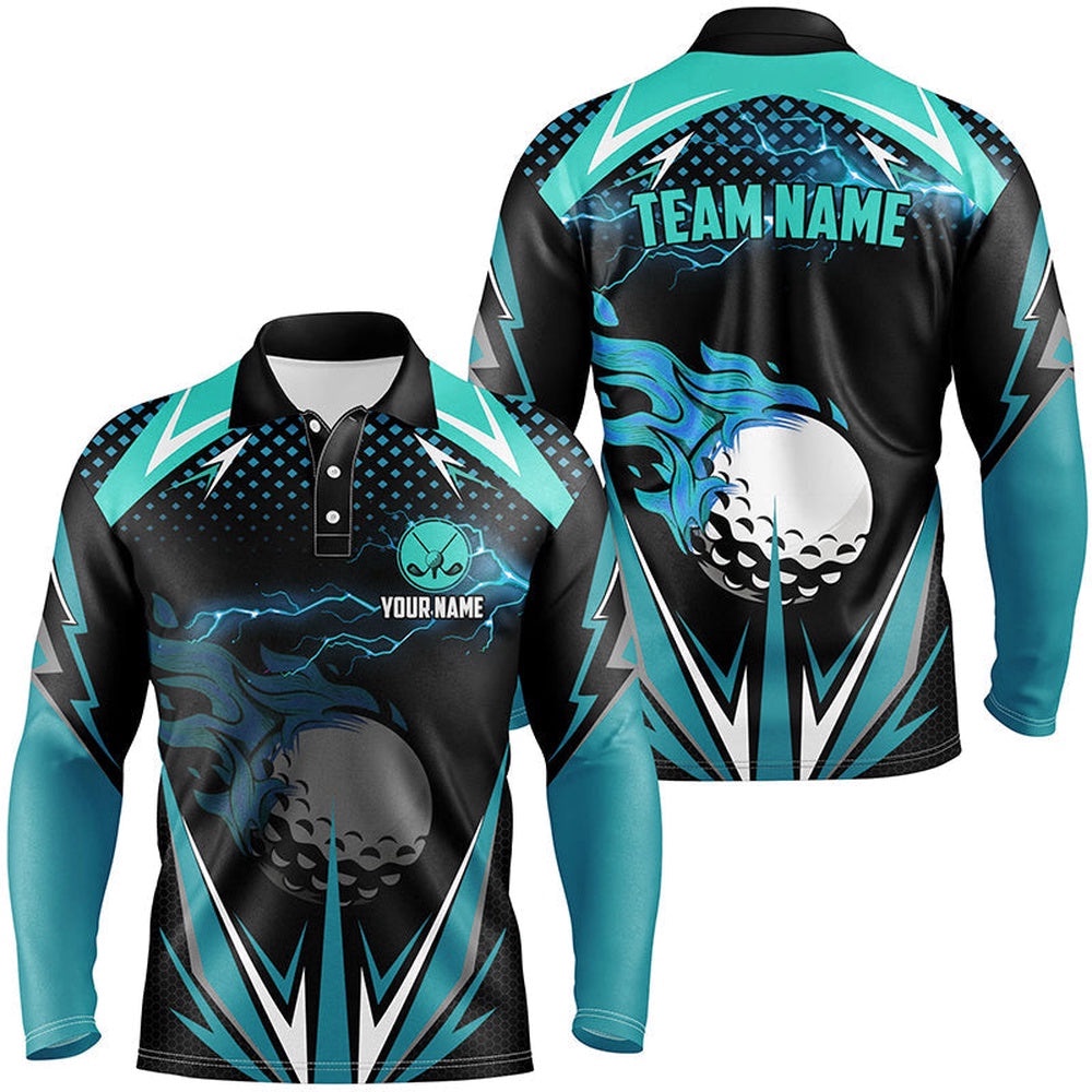 Black Men’s Golf Polo Shirts Custom Cyan Blue Fire Lightning Team Golf Jerseys, Golf Attire For Men, Golf Polo Shirt, Golf Shirts Black Men’s Golf Polo Shirts Custom Cyan Blue Fire Lightning Team Golf Jerseys, Golf Attire For Men, Golf Polo Shirt, Golf Shirts