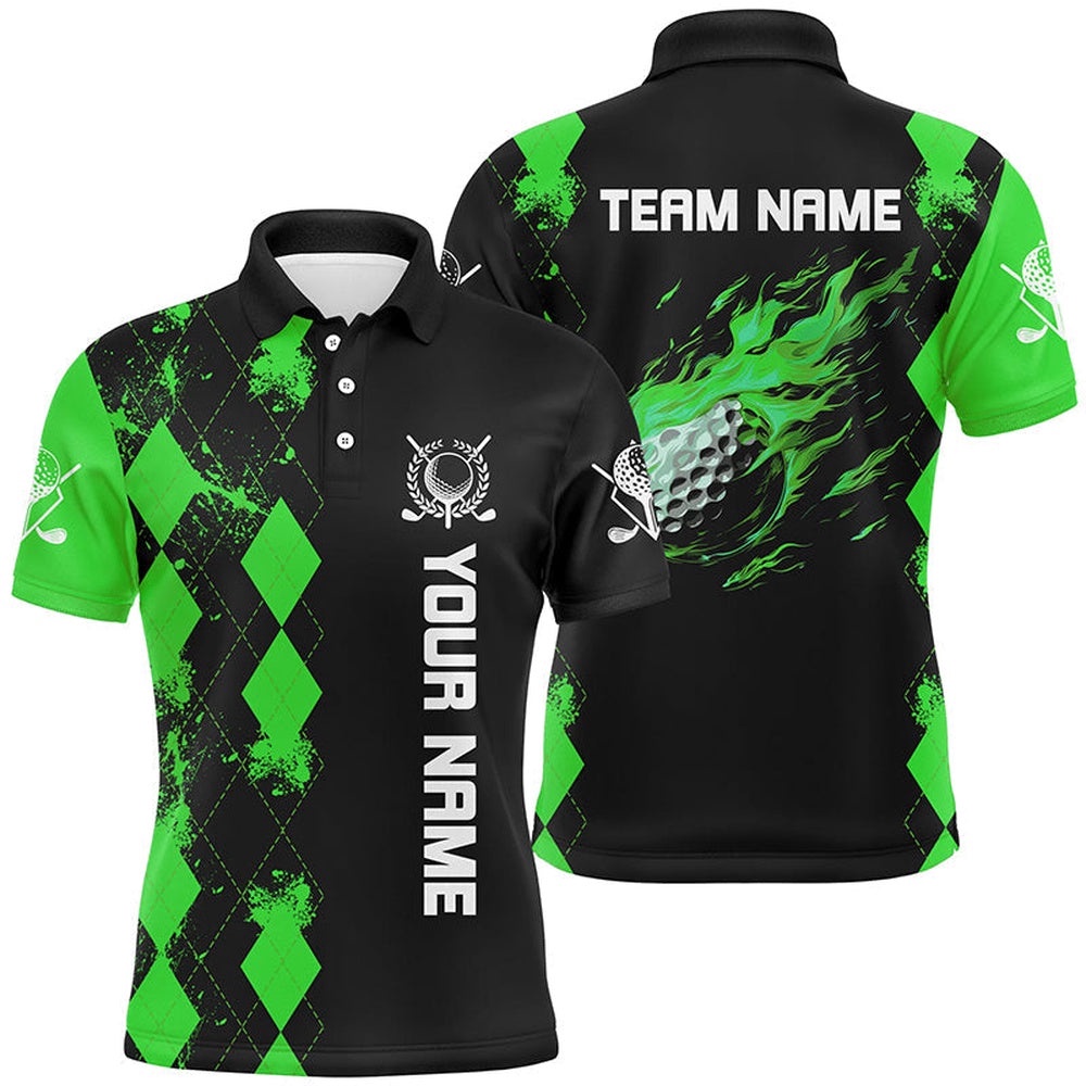 Black Men’s Golf Polo Shirts Custom Green Argyle Pattern Flame Golf Ball Golf Tops For Men’s, Golf Polo Shirt, Golf Shirts