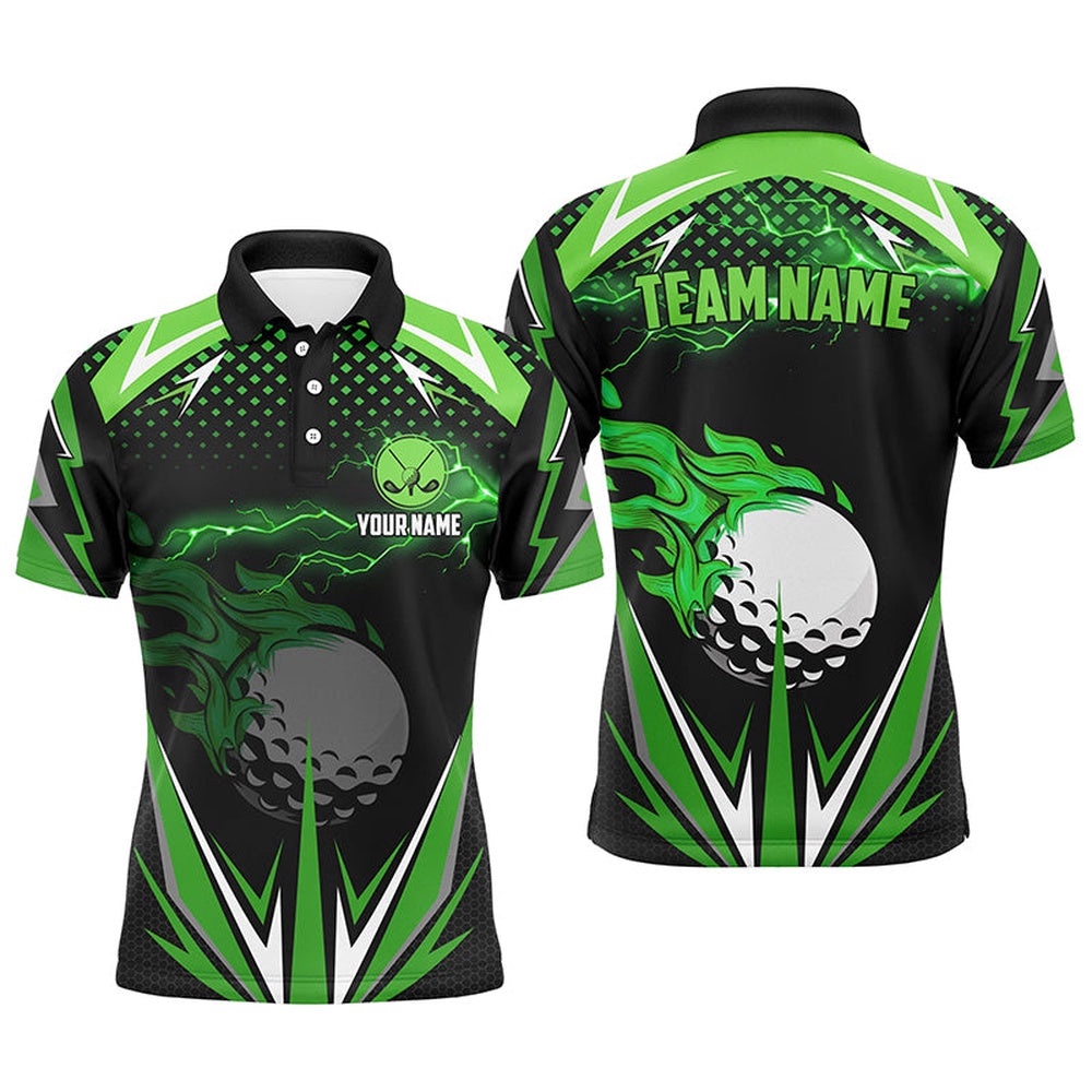 Black Men’s Golf Polo Shirts Custom Green Fire Lightning Team Golf Jerseys, Golf Attire For Men, Golf Polo Shirt, Golf Shirts