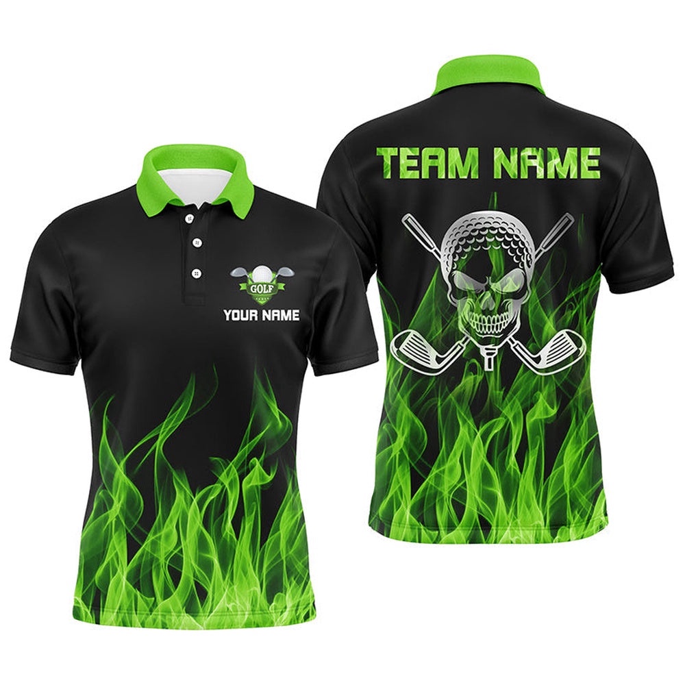 Black Men’s Golf Polo Shirts Custom Green Flame Skull Golf Clubs For Men, Golf Polo Shirt, Golf Shirts