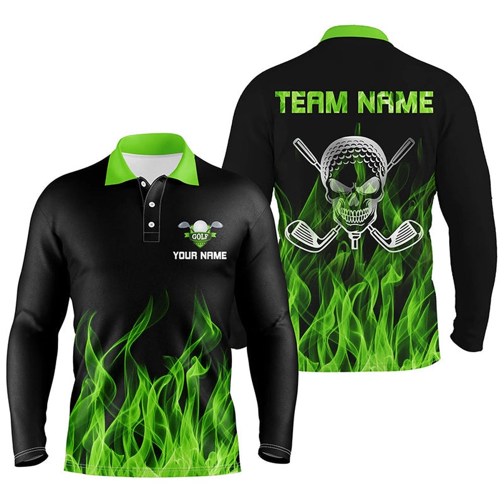 Black Men’s Golf Polo Shirts Custom Green Flame Skull Golf Clubs For Men, Golf Polo Shirt, Golf Shirts