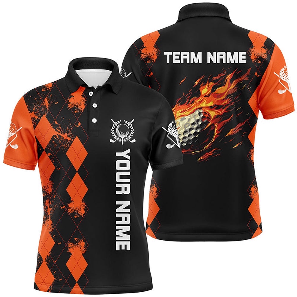 Black Men’s Golf Polo Shirts Custom Orange Argyle Pattern Flame Golf Ball Golf Tops For Men’s, Golf Polo Shirt, Golf Shirts