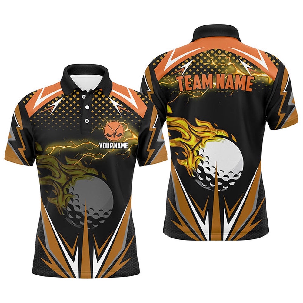 Black Men’s Golf Polo Shirts Custom Orange Fire Lightning Team Golf Jerseys, Golf Attire For Men, Golf Polo Shirt, Golf Shirts