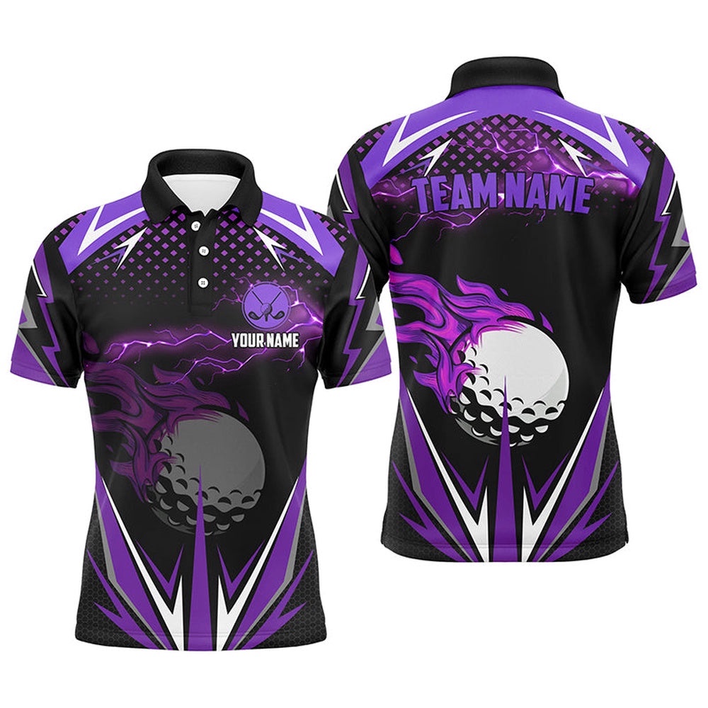 Black Men’s Golf Polo Shirts Custom Purple Fire Lightning Team Golf Jerseys, Golf Attire For Men, Golf Polo Shirt, Golf Shirts