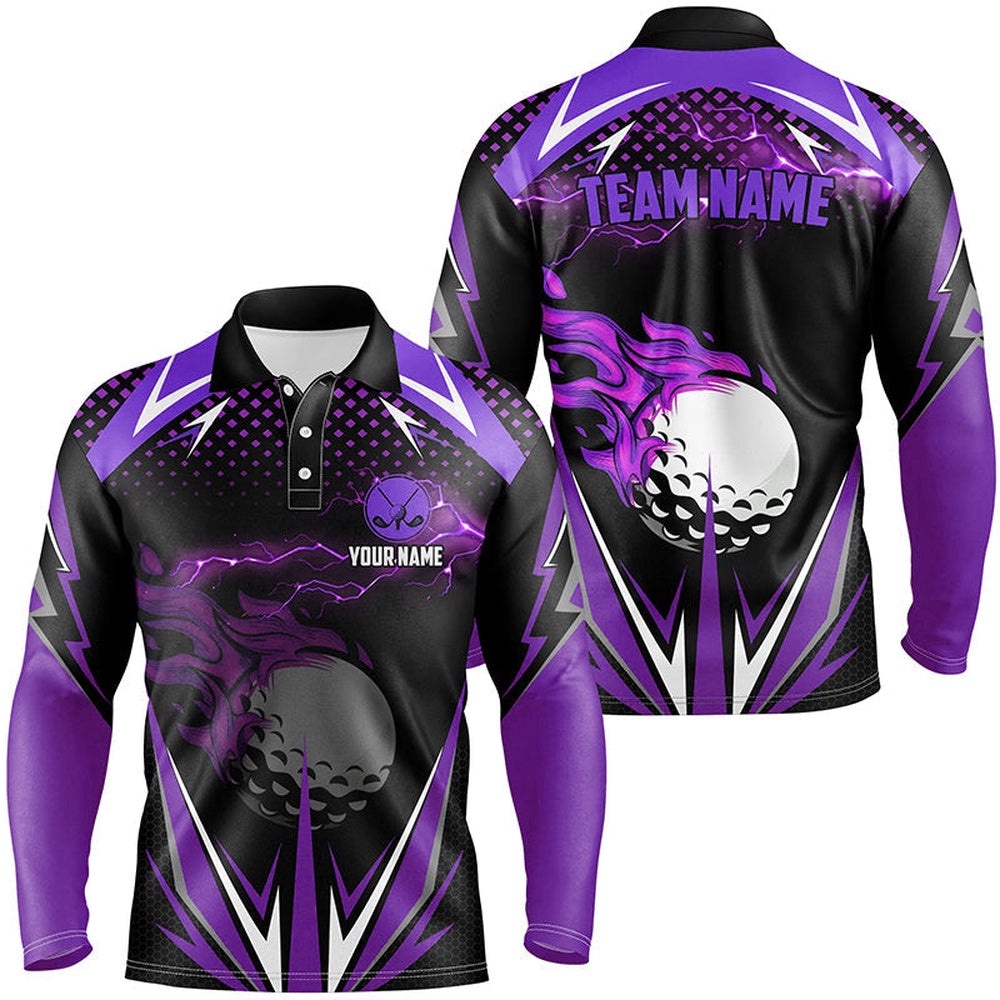 Black Men’s Golf Polo Shirts Custom Purple Fire Lightning Team Golf Jerseys, Golf Attire For Men, Golf Polo Shirt, Golf Shirts