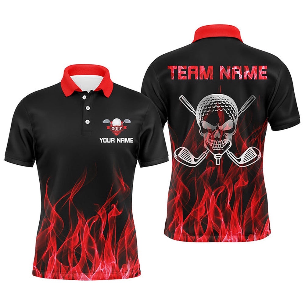 Black Men’s Golf Polo Shirts Custom Red Flame Skull Golf Clubs For Men, Golf Polo Shirt, Golf Shirts
