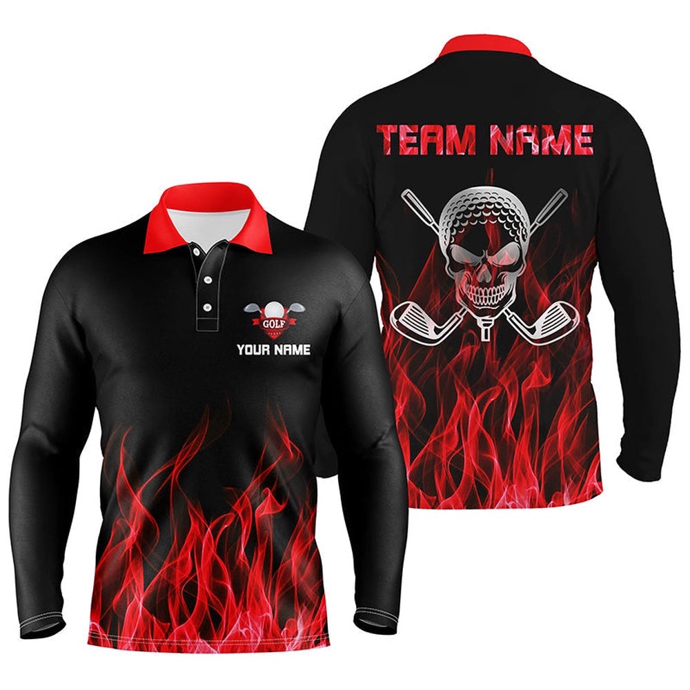 Black Men’s Golf Polo Shirts Custom Red Flame Skull Golf Clubs For Men, Golf Polo Shirt, Golf Shirts