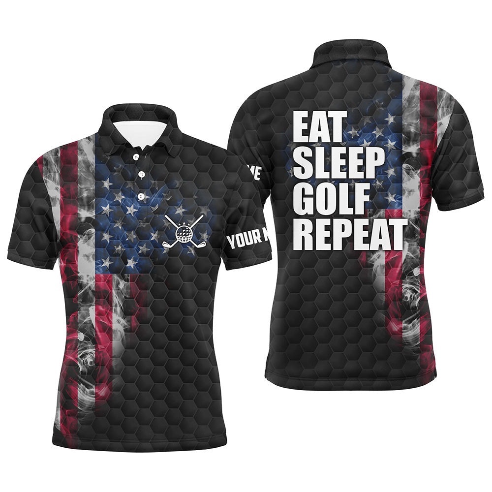 Black Men’s Golf Polo Shirts Custom Smoke American Flag Eat Sleep Golf Repeat, Patriotic Golf Shirts, Golf Polo Shirt, Golf Shirts