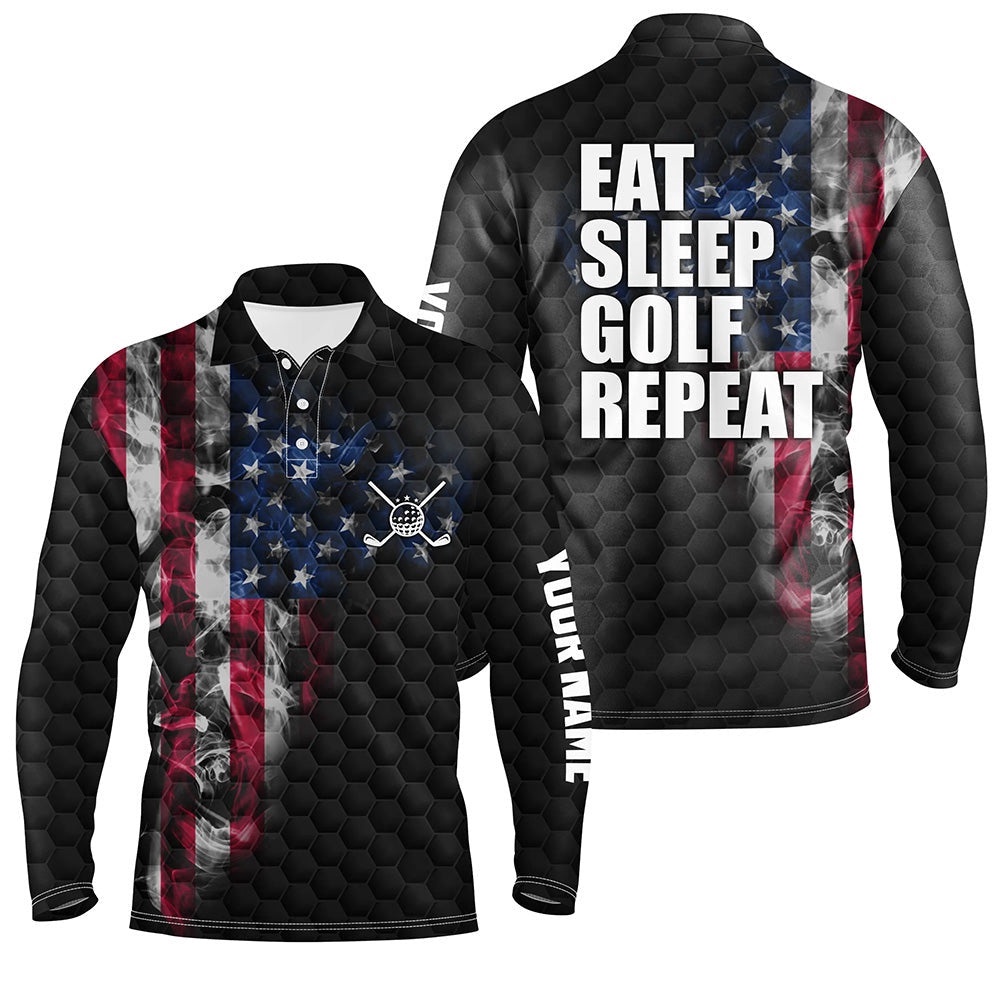 Black Men’s Golf Polo Shirts Custom Smoke American Flag Eat Sleep Golf Repeat, Patriotic Golf Shirts, Golf Polo Shirt, Golf Shirts