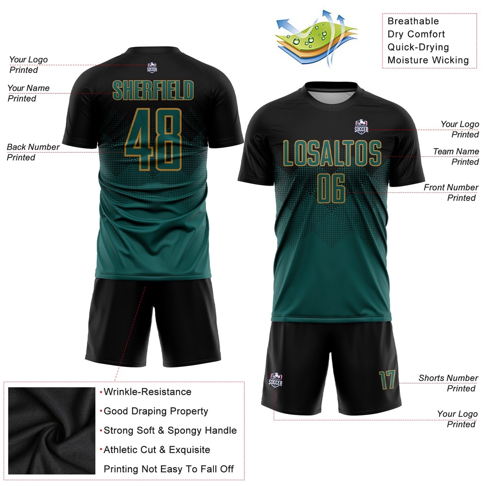Black Midnight Green Old Gold Sublimation Soccer Uniform Jersey, Custom Team Soccer Jersey Shirt