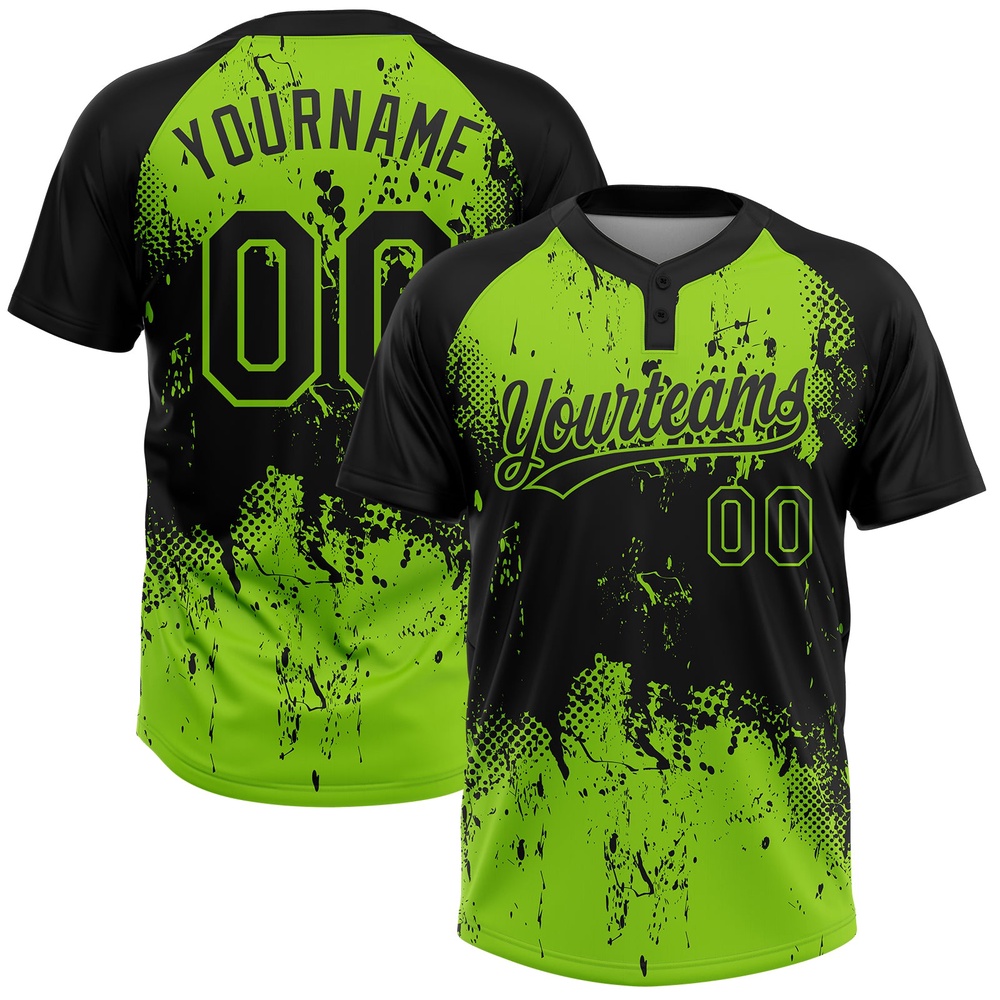 Black Neon Green 3D Pattern Abstract Splatter Grunge Art Two Button Unisex Softball Jersey, Custom Team Softball Jersey