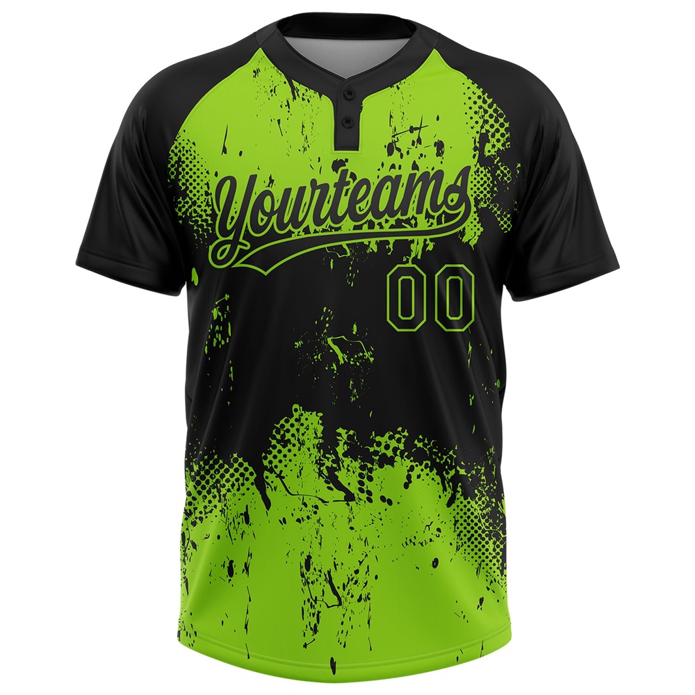 Black Neon Green 3D Pattern Abstract Splatter Grunge Art Two Button Unisex Softball Jersey, Custom Team Softball Jersey