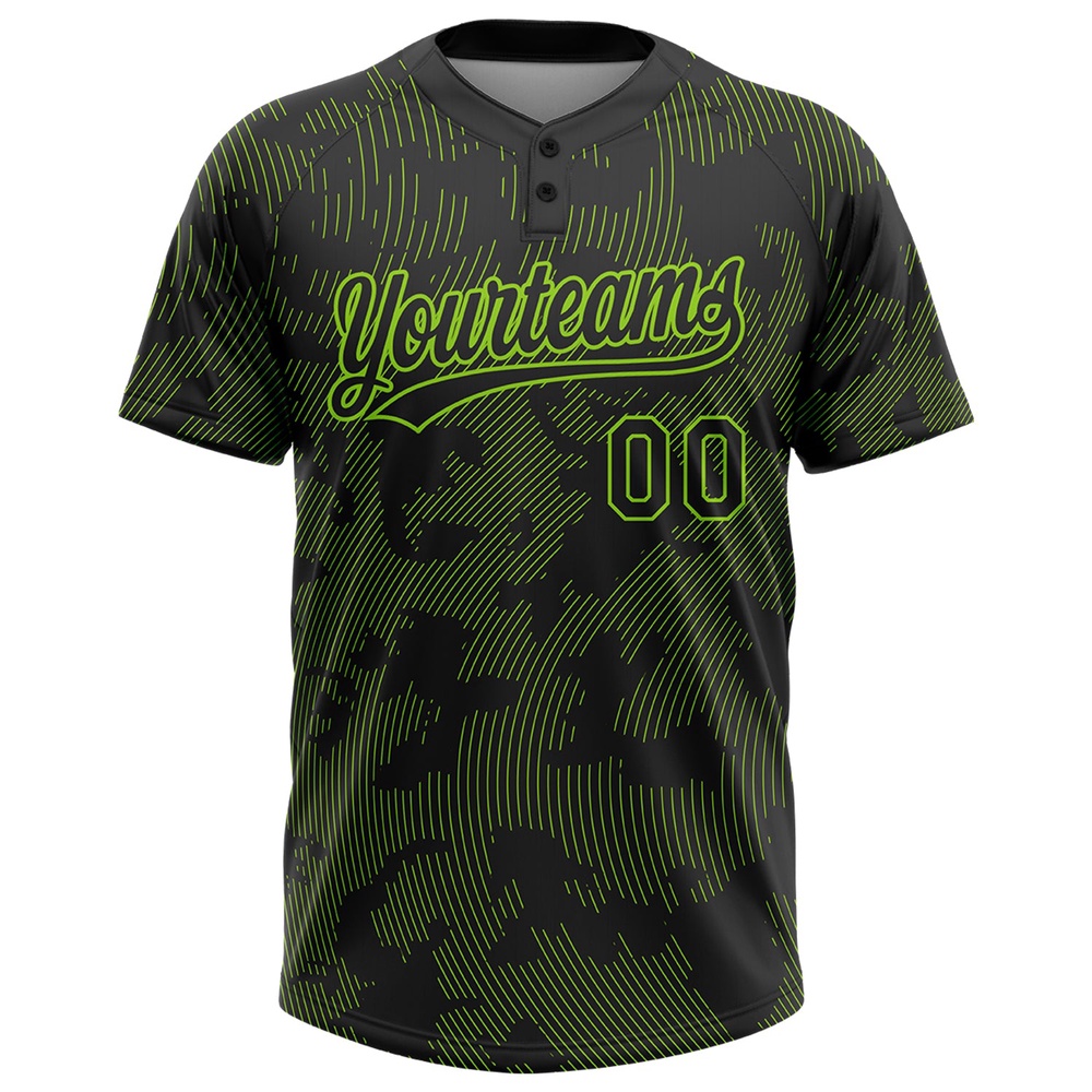 Black Neon Green 3D Pattern Curve Lines Two Button Unisex Softball Jersey, Custom Team Softball Jersey