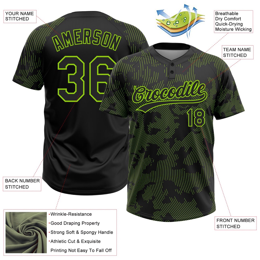 Black Neon Green 3D Pattern Curve Lines Two Button Unisex Softball Jersey, Custom Team Softball Jersey