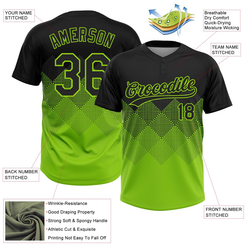 Black Neon Green 3D Pattern Gradient Square Shapes Two Button Unisex Softball Jersey, Custom Team Softball Jersey