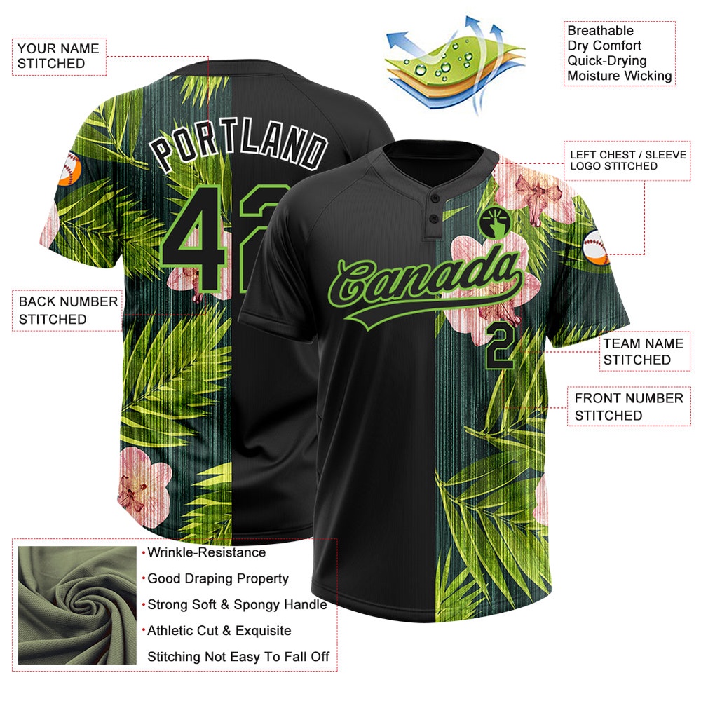 Black Neon Green 3D Pattern Hawaii Tropical Palm Leaves With Orchids Two Button Unisex Softball Jersey, Custom Team Softball Jersey Black Neon Green 3D Pattern Hawaii Tropical Palm Leaves With Orchids Two Button Unisex Softball Jersey, Custom Team Softball Jersey