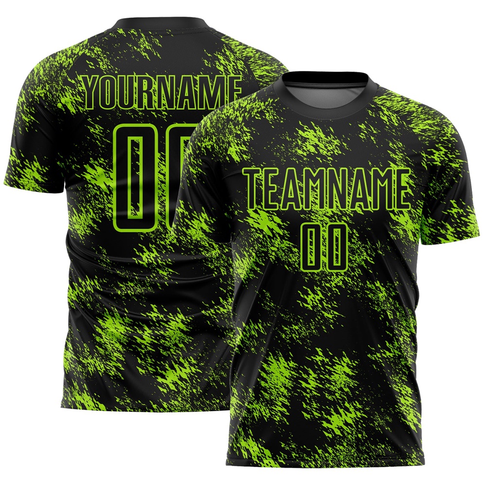 Black Neon Green Abstract Grunge Art Sublimation Soccer Uniform Jersey, Custom Team Soccer Jersey Shirt
