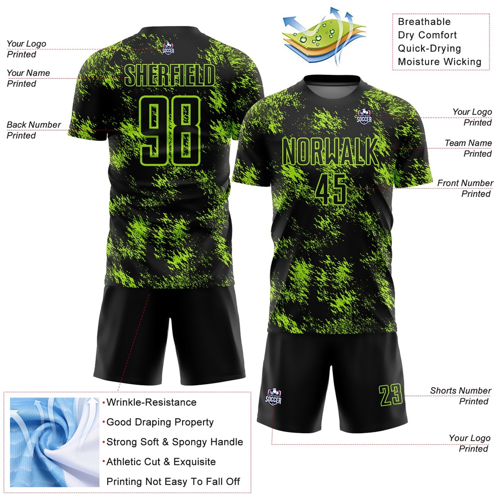 Black Neon Green Abstract Grunge Art Sublimation Soccer Uniform Jersey, Custom Team Soccer Jersey Shirt