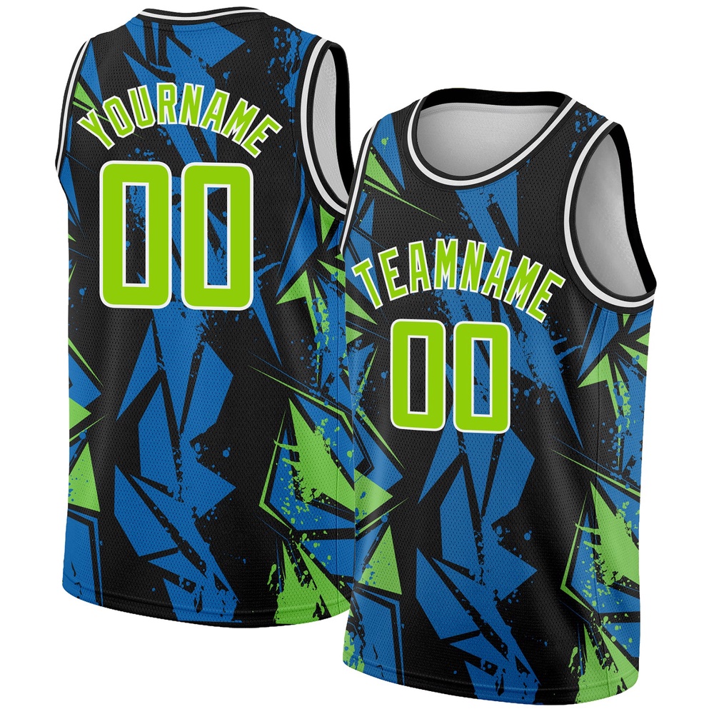 Black Neon Green Blue 3D Pattern Design Geometric Shapes Authentic Basketball Jersey, Custom Team Soccer Jersey Shirt
