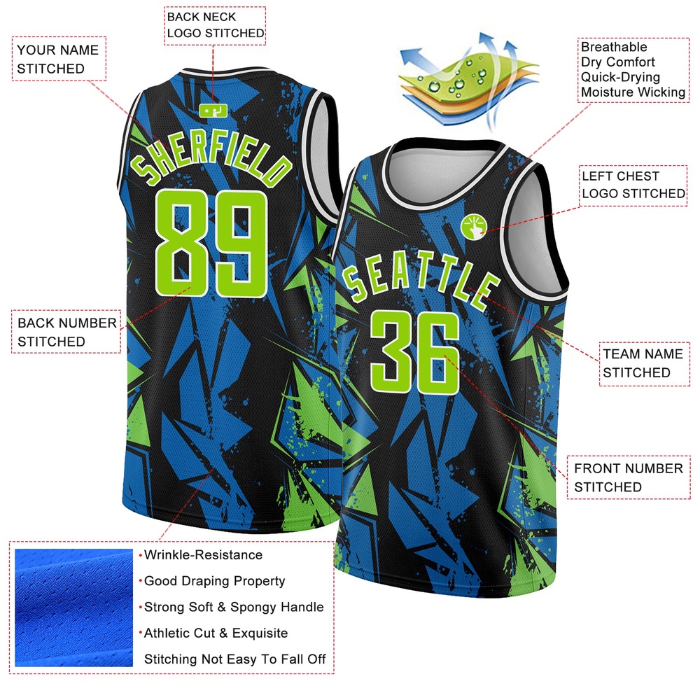 Black Neon Green Blue 3D Pattern Design Geometric Shapes Authentic Basketball Jersey, Custom Team Soccer Jersey Shirt