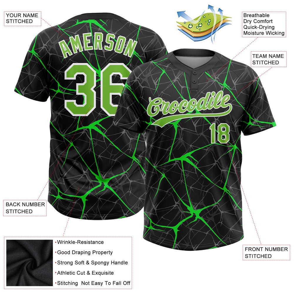 Black Neon Green Kelly Green 3D Pattern Two Button Unisex Softball Jersey, Custom Team Softball Jersey