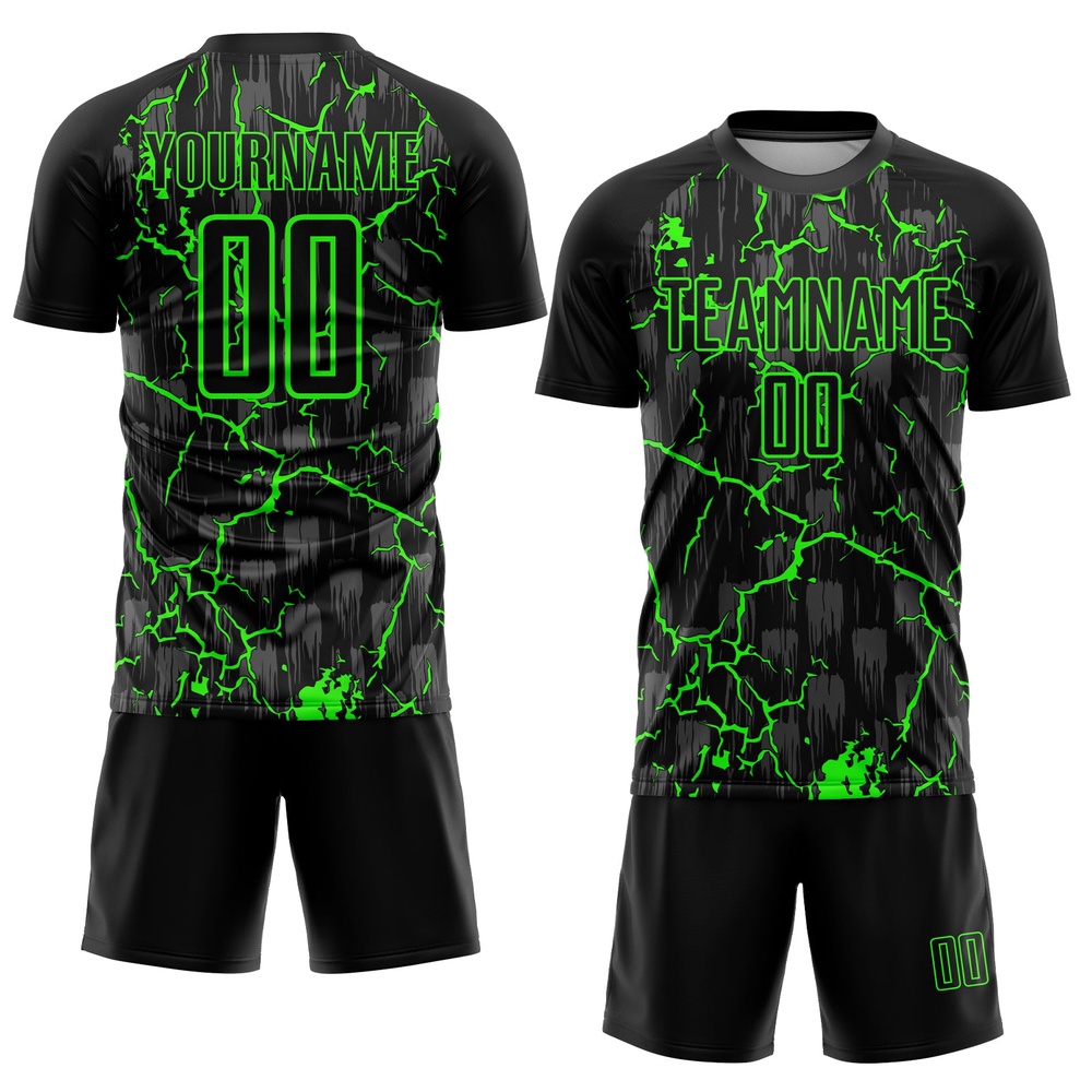 Black Neon Green Lightning Sublimation Soccer Uniform Jersey, Custom Team Soccer Jersey Shirt