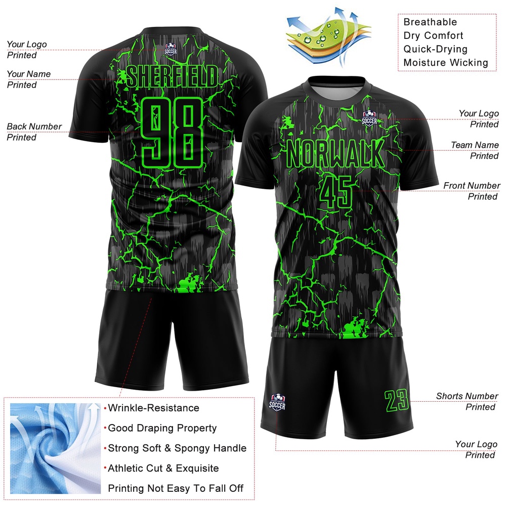 Black Neon Green Lightning Sublimation Soccer Uniform Jersey, Custom Team Soccer Jersey Shirt