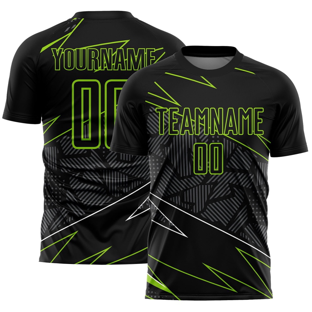 Black Neon Green Lines Sublimation Soccer Uniform Jersey, Custom Team Soccer Jersey Shirt
