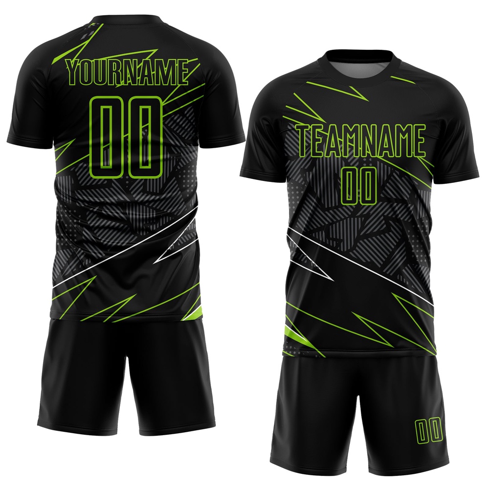 Black Neon Green Lines Sublimation Soccer Uniform Jersey, Custom Team Soccer Jersey Shirt
