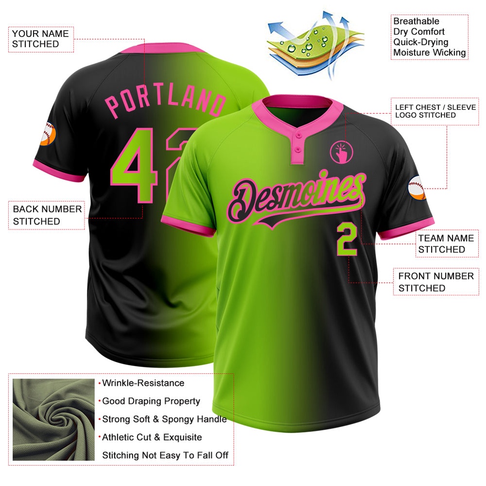 Black Neon Green Pink Gradient Fashion Two Button Unisex Softball Jersey, Custom Team Softball Jersey