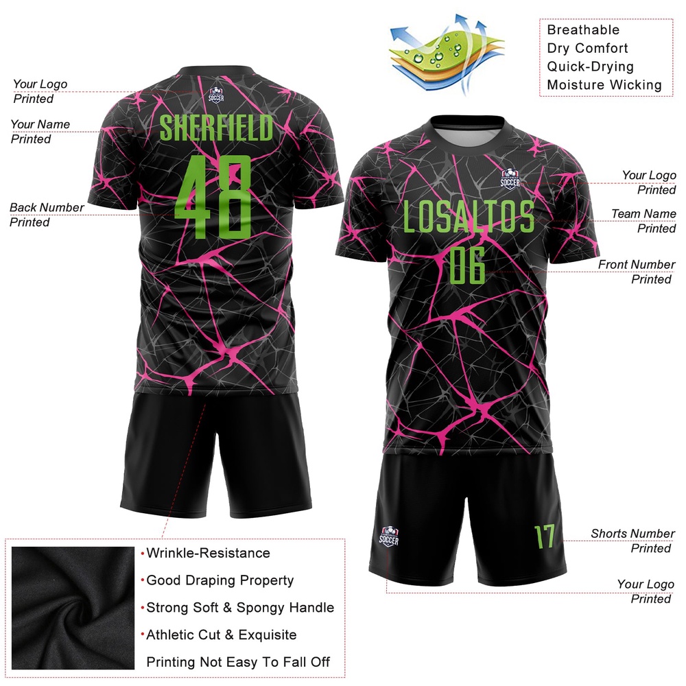 Black Neon Green Pink Sublimation Soccer Uniform Jersey, Custom Team Soccer Jersey Shirt
