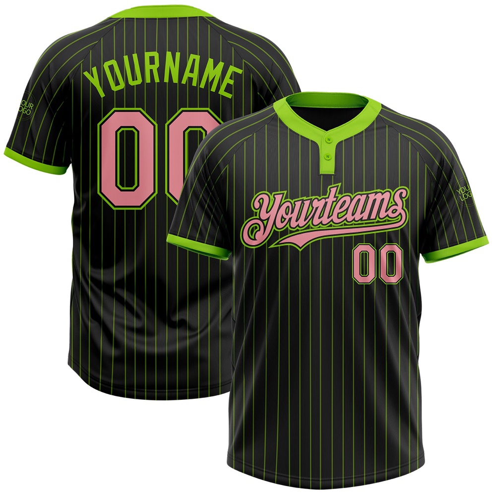 Black Neon Green Pinstripe Medium Pink Two Button Unisex Softball Jersey, Custom Team Softball Jersey