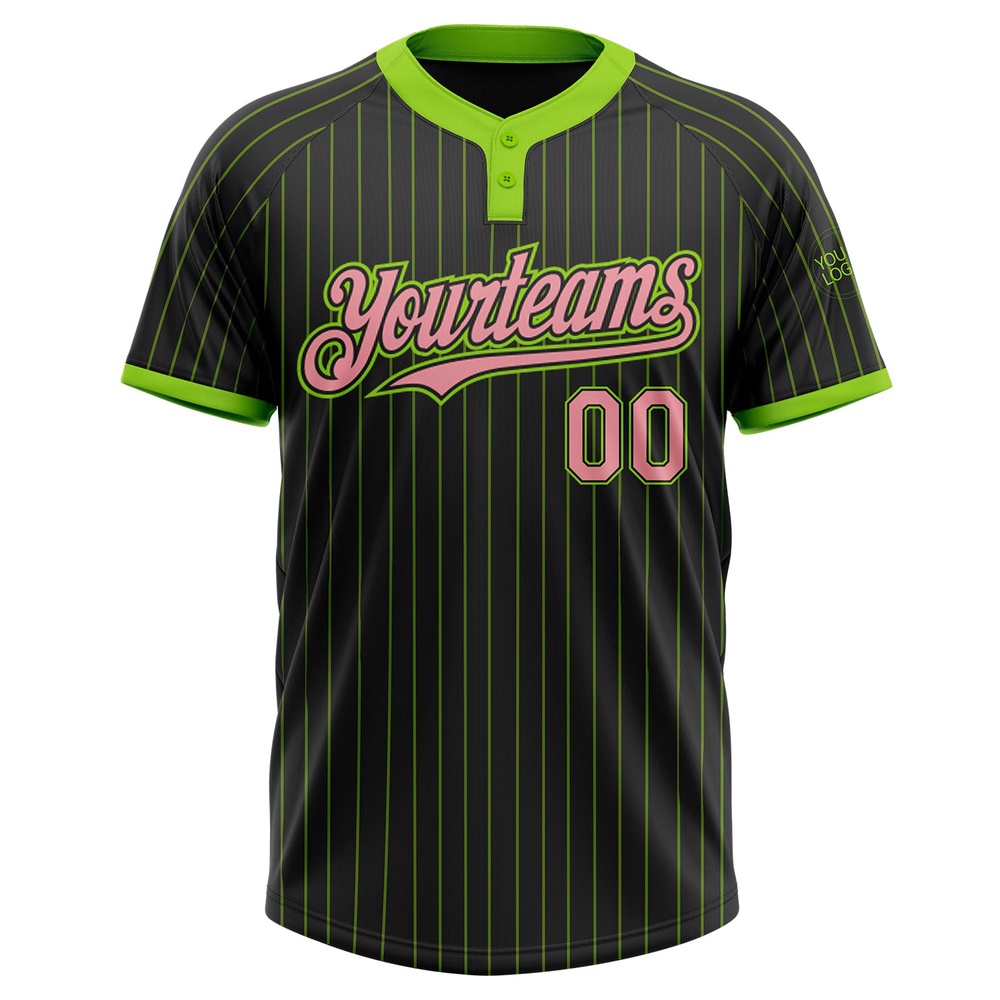 Black Neon Green Pinstripe Medium Pink Two Button Unisex Softball Jersey, Custom Team Softball Jersey