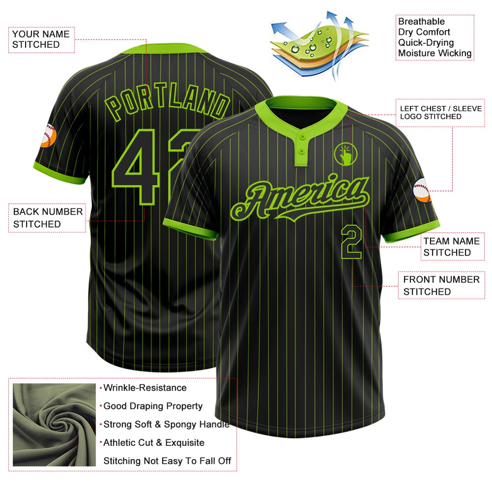 Black Neon Green Pinstripe Neon Green Two Button Unisex Softball Jersey, Custom Team Softball Jersey Black Neon Green Pinstripe Neon Green Two Button Unisex Softball Jersey, Custom Team Softball Jersey